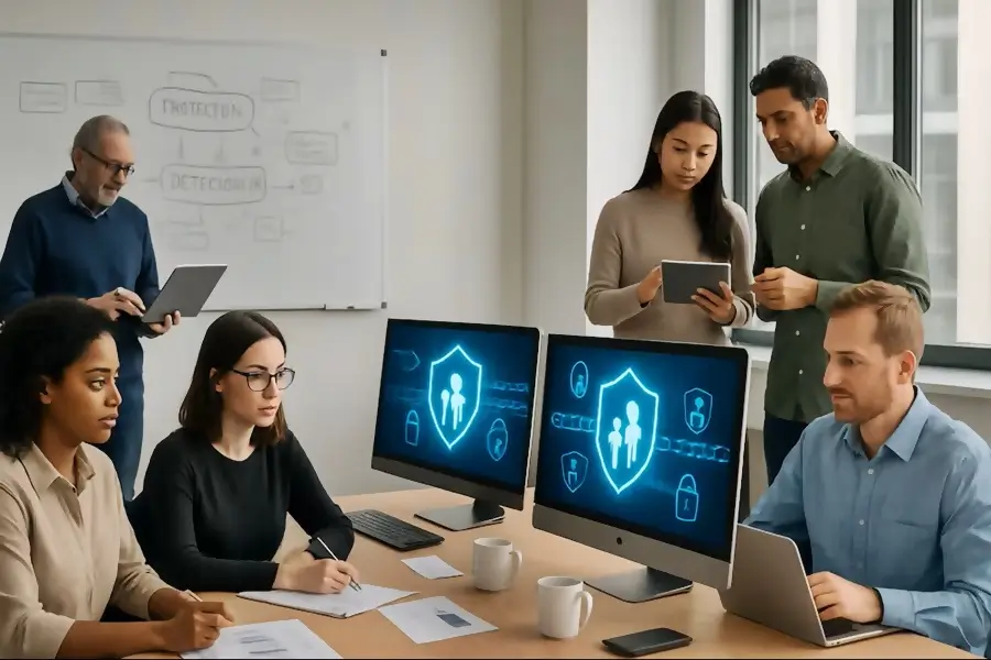 vemos una imagen a personas conversando y otras mirando la pantalla