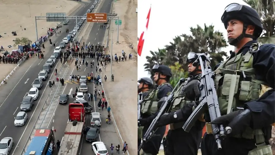 el lado izquierdo muestra varias unidades de transporte incluyendo a personas a pie, en el lado derecho policias uniformados
