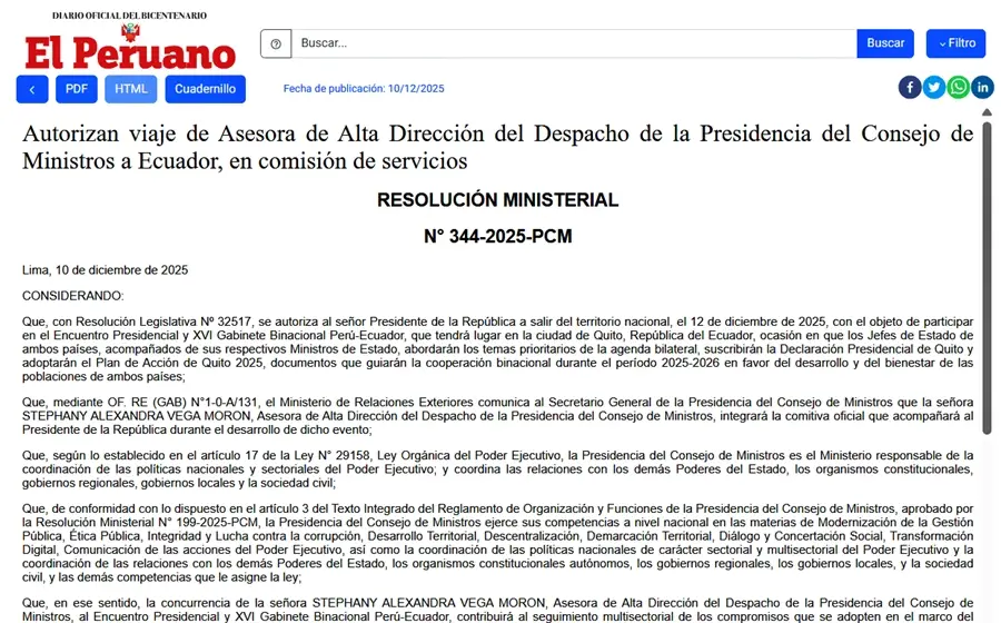 Resolución Ministerial N.° 344-2025-PCM publicada en El Peruano que autoriza viaje de asesora del Despacho de la PCM a Ecuador