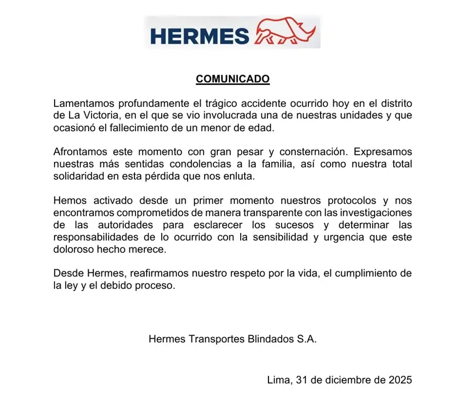 Comunicado oficial de Hermes Transportes Blindados sobre trágico accidente ocurrido en La Victoria