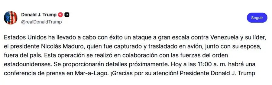 Captura de un comunicado atribuido a la cuenta de Donald J. Trump en redes sociales, donde se afirma una supuesta operación de Estados Unidos en Venezuela y la captura de Nicolás Maduro, con anuncio de conferencia de prensa