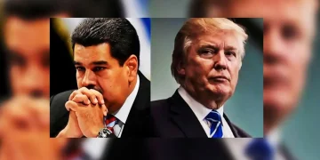 Nicolás Maduro y Donald Trump en retratos oficiales enfrentados, con expresiones serias y fondo desenfocado