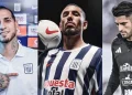 Tres futbolistas posan en imágenes separadas con camisetas y ropa deportiva de un club peruano en un montaje fotográfico