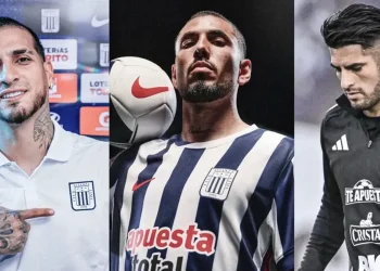 Tres futbolistas posan en imágenes separadas con camisetas y ropa deportiva de un club peruano en un montaje fotográfico