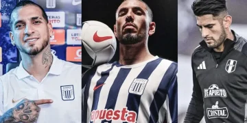 Tres futbolistas posan en imágenes separadas con camisetas y ropa deportiva de un club peruano en un montaje fotográfico