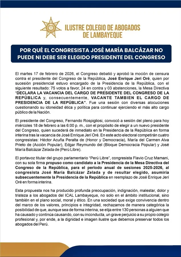 Comunicado del Ilustre Colegio de Abogados de Lambayeque sobre José María Balcázar y la presidencia del Congreso del Perú