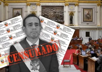 José Jerí, presidente del Perú censurado por el Congreso, aparece con banda presidencial y sello de “Censurado” sobre fondo del Parlamento y documentos