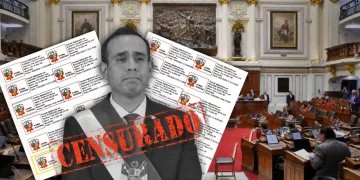 José Jerí, presidente del Perú censurado por el Congreso, aparece con banda presidencial y sello de “Censurado” sobre fondo del Parlamento y documentos