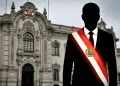 Silueta de una persona con la banda presidencial peruana frente al Palacio de Gobierno del Perú, simbolizando liderazgo o incertidumbre política.