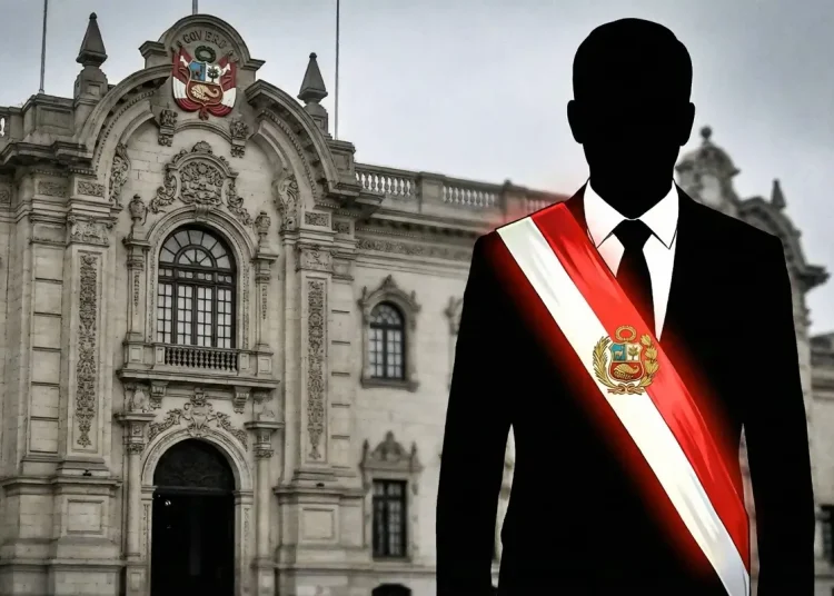 Silueta de una persona con la banda presidencial peruana frente al Palacio de Gobierno del Perú, simbolizando liderazgo o incertidumbre política.