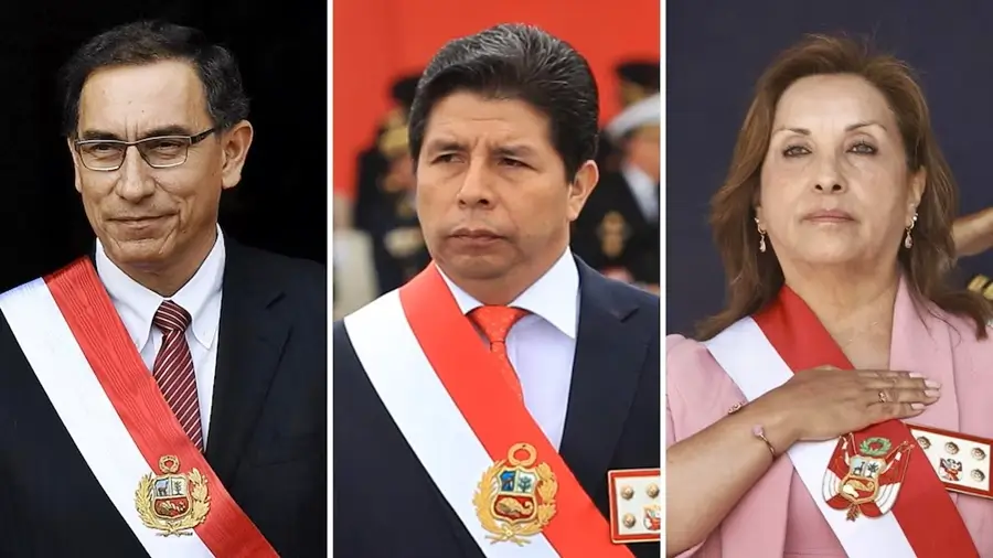 Tres personas con la banda presidencial del Perú en un montaje fotográfico, representando la investidura del cargo.