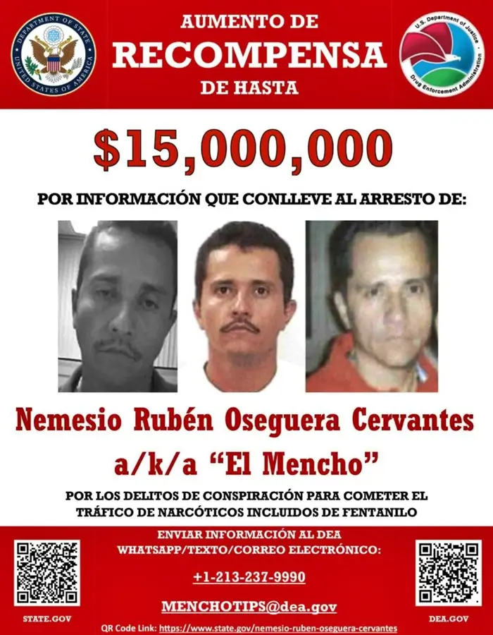 Cartel oficial de recompensa de hasta 15 millones de dólares por información para capturar a Rubén Oseguera Cervantes, alias “El Mencho”.