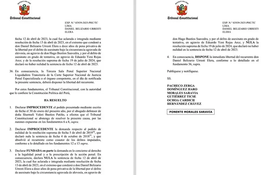 Resolución del Tribunal Constitucional que anula la condena de Daniel Urresti por el caso Bustíos