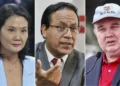 Composición fotográfica que muestra de cerca a Keiko Fujimori, Roberto Sánchez y Rafael López Aliaga, candidatos en el contexto electoral peruano.