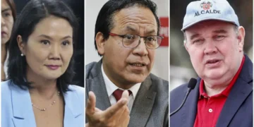 Composición fotográfica que muestra de cerca a Keiko Fujimori, Roberto Sánchez y Rafael López Aliaga, candidatos en el contexto electoral peruano.