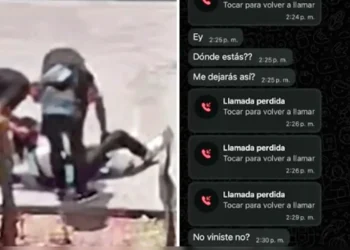 Captura dividida que muestra a tres personas agrediendo a un hombre en un banco, mientras a la derecha aparecen mensajes y llamadas perdidas en un celular, sugiriendo una cita que terminó en asalto.