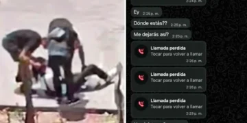 Captura dividida que muestra a tres personas agrediendo a un hombre en un banco, mientras a la derecha aparecen mensajes y llamadas perdidas en un celular, sugiriendo una cita que terminó en asalto.