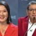Keiko Fujimori y Carlos Álvarez durante un debate o programa televisivo, ambos usando vestimenta roja y micrófonos de solapa sobre un fondo con pantallas digitales.