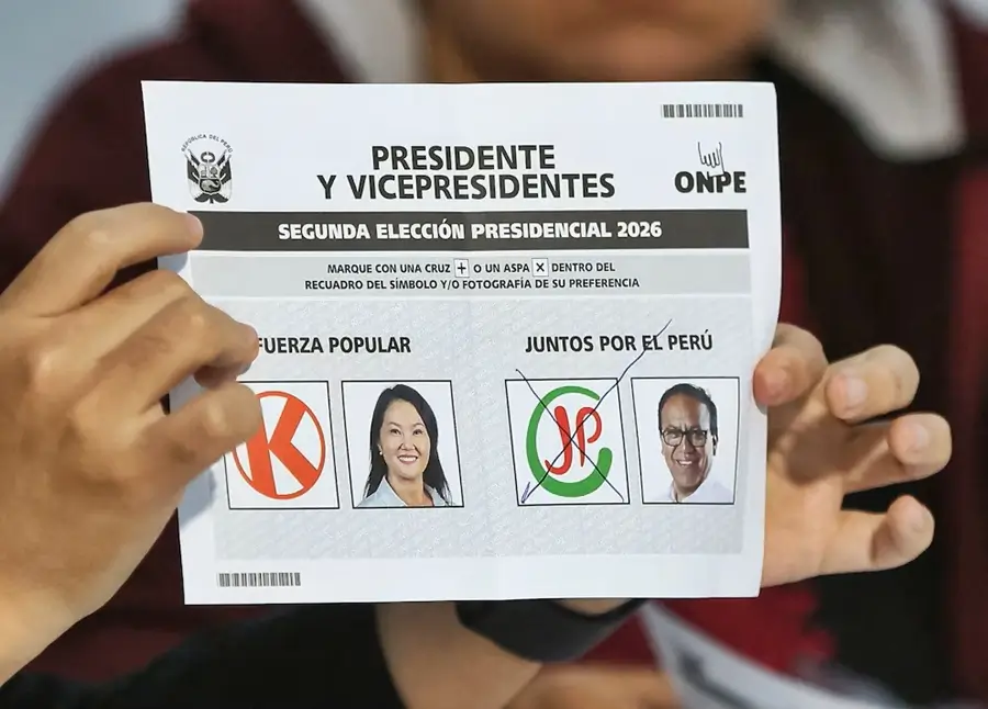 Ejemplo de cédula de votación de la segunda vuelta presidencial 2026 elaborada por la ONPE.