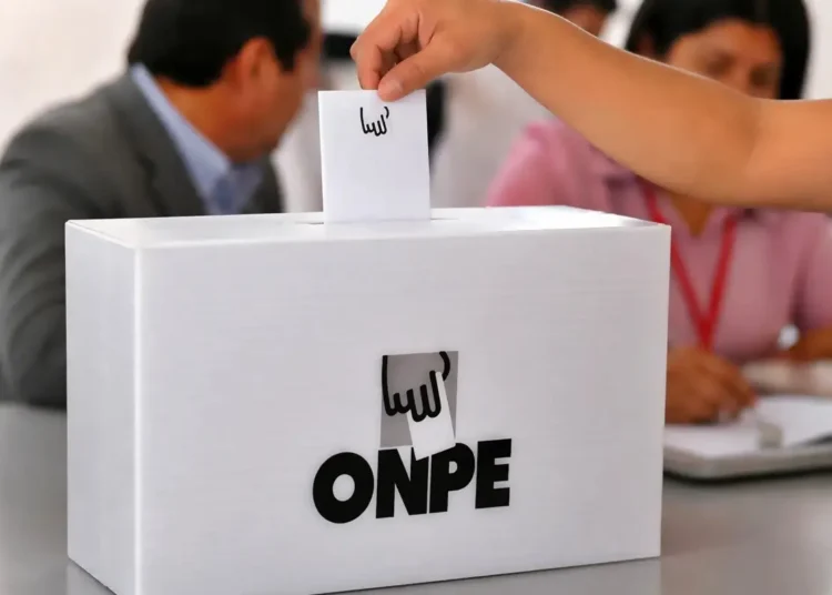 Persona emitiendo su voto en una ánfora blanca de la ONPE durante la segunda vuelta de las elecciones presidenciales.