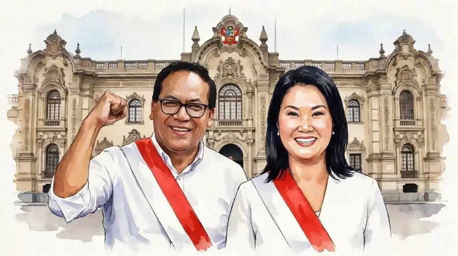 Ilustración de los candidatos de la segunda vuelta presidencial 2026 en Perú frente al Palacio de Gobierno.