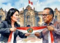 Ilustración artística de la disputa por la presidencia de Perú: Keiko Fujimori y Roberto Sánchez sostienen la banda presidencial frente a Palacio de Gobierno.