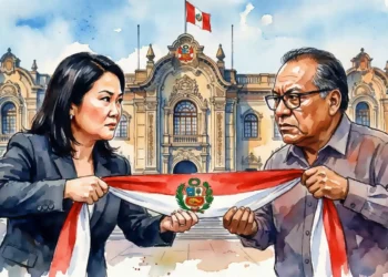 Ilustración artística de la disputa por la presidencia de Perú: Keiko Fujimori y Roberto Sánchez sostienen la banda presidencial frente a Palacio de Gobierno.