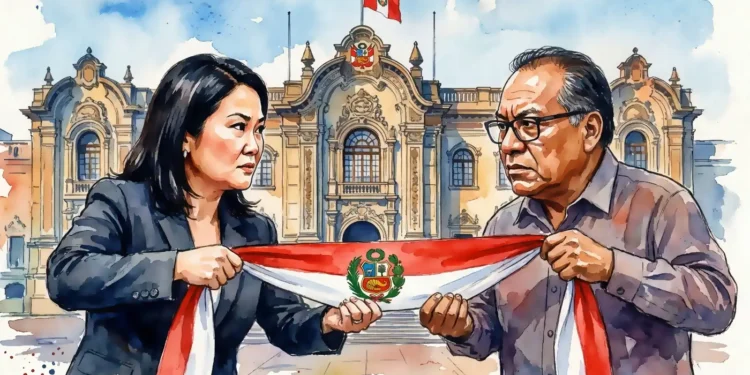 Ilustración artística de la disputa por la presidencia de Perú: Keiko Fujimori y Roberto Sánchez sostienen la banda presidencial frente a Palacio de Gobierno.