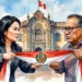Ilustración artística de la disputa por la presidencia de Perú: Keiko Fujimori y Roberto Sánchez sostienen la banda presidencial frente a Palacio de Gobierno.