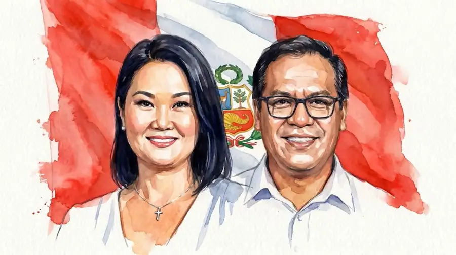 Ilustración en acuarela de Keiko Fujimori y Roberto Sánchez, candidatos de la segunda vuelta presidencial, con la bandera de Perú de fondo.