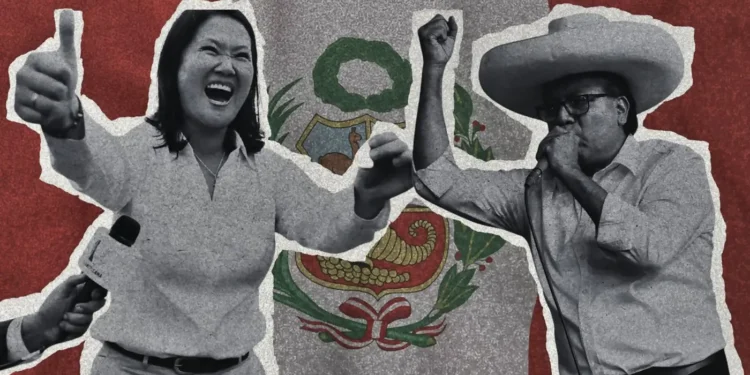Keiko Fujimori y Roberto Sánchez en un diseño gráfico sobre el conteo de votos de la segunda vuelta presidencial en Perú.