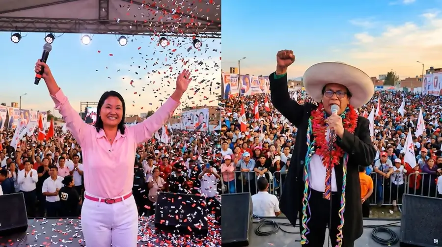 Mitin de cierre de campaña en la segunda vuelta presidencial: Keiko Fujimori saluda con micrófono en mano y Roberto Sánchez celebra ante una multitud de simpatizantes.