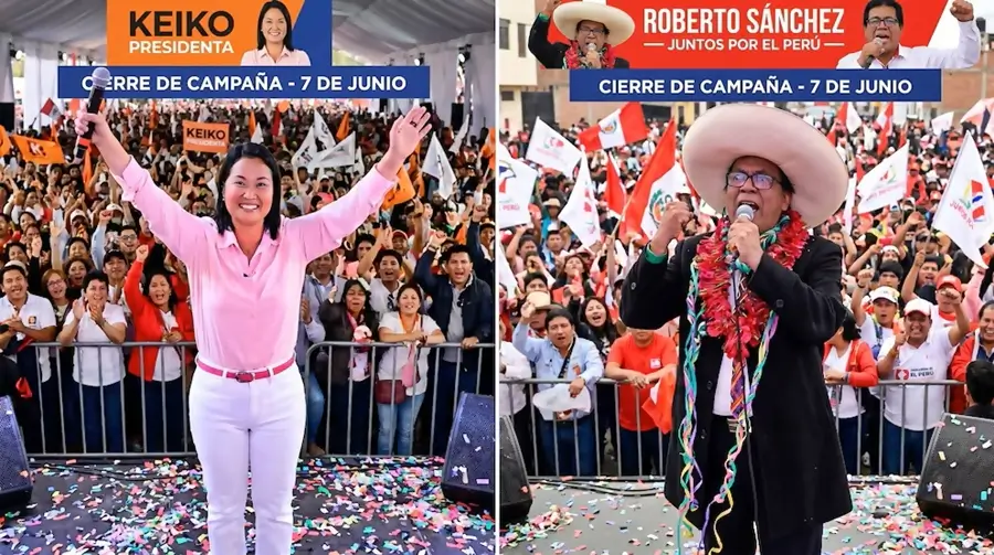 Collage de los mítines de cierre de campaña del 7 de junio. A la izquierda, Keiko Fujimori saluda sonriente con un micrófono sobre un estrado con picapica. A la derecha, Roberto Sánchez canta con sombrero chotano, serpentinas y collar de flores frente a una multitud con banderas peruanas.