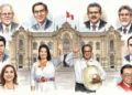 Ilustración de los últimos presidentes de Perú frente al Palacio de Gobierno, con Keiko Fujimori y Roberto Sánchez al centro saludando.