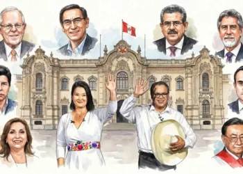 Ilustración de los últimos presidentes de Perú frente al Palacio de Gobierno, con Keiko Fujimori y Roberto Sánchez al centro saludando.