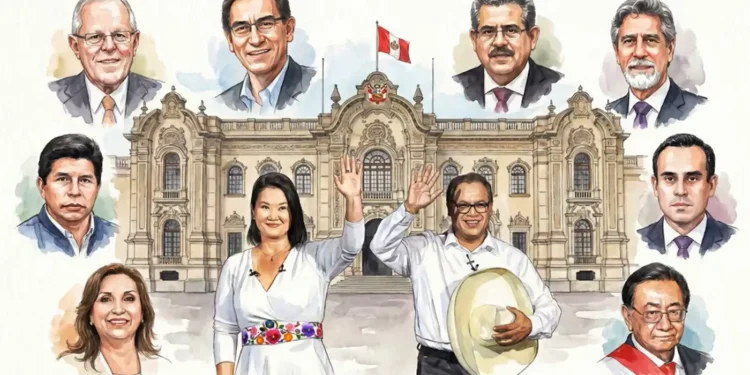 Ilustración de los últimos presidentes de Perú frente al Palacio de Gobierno, con Keiko Fujimori y Roberto Sánchez al centro saludando.