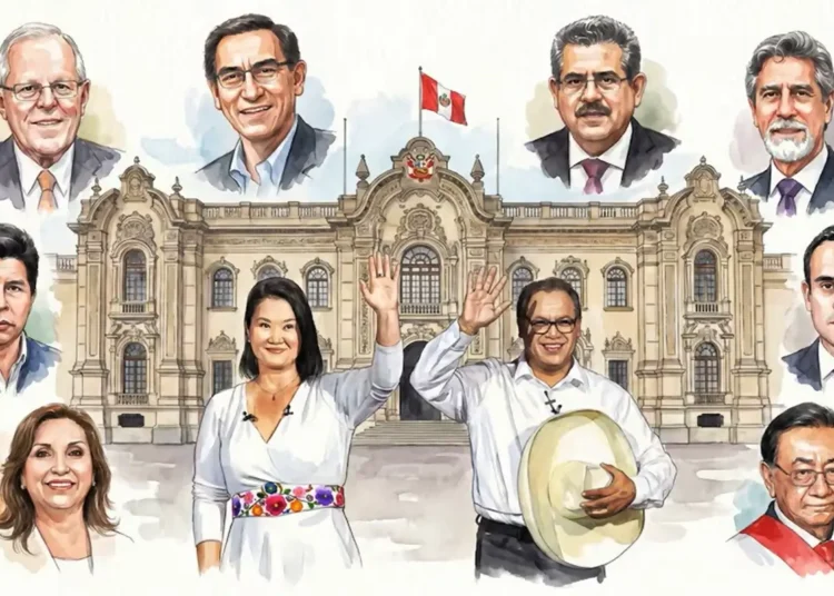 Ilustración de los últimos presidentes de Perú frente al Palacio de Gobierno, con Keiko Fujimori y Roberto Sánchez al centro saludando.