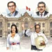 Ilustración de los últimos presidentes de Perú frente al Palacio de Gobierno, con Keiko Fujimori y Roberto Sánchez al centro saludando.