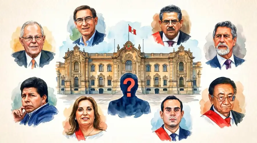 Ilustración de los últimos exmandatarios de Perú rodeando una silueta con un signo de interrogación frente al Palacio de Gobierno, representando la incertidumbre por el próximo presidente.