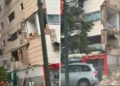 Viviendas y edificios de apartamentos con graves daños estructurales tras un fuerte terremoto en Venezuela, mostrando desprendimiento de paredes y escombros.