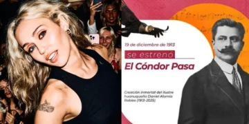 Miley Cyrus y composición histórica de El cóndor pasa en imagen combinada.