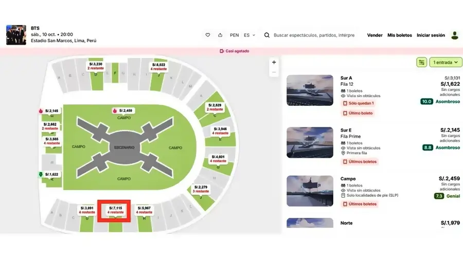 Mapa de asientos y precios de entradas para el concierto de BTS en el Estadio San Marcos de Lima