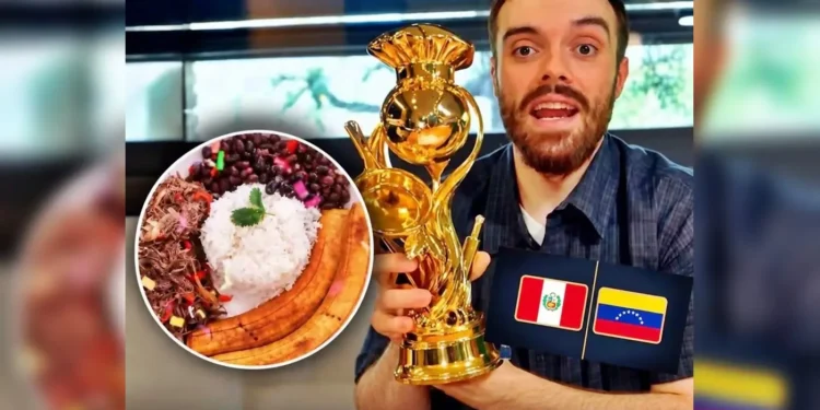 Ibai Llanos sosteniendo un trofeo dorado junto a un plato de comida tradicional y banderas de Perú y Venezuela