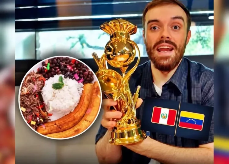 Ibai Llanos sosteniendo un trofeo dorado junto a un plato de comida tradicional y banderas de Perú y Venezuela