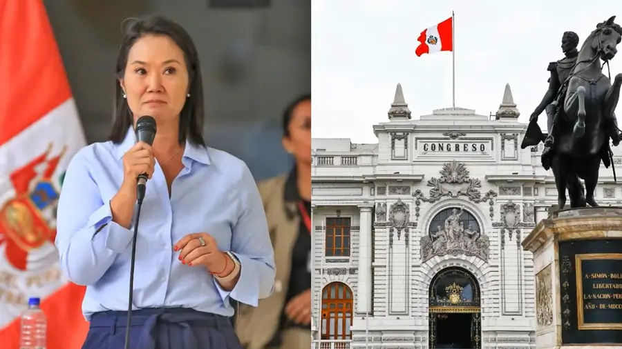 Composición fotográfica de Keiko Fujimori hablando con micrófono junto al Palacio Legislativo del Congreso de la República del Perú