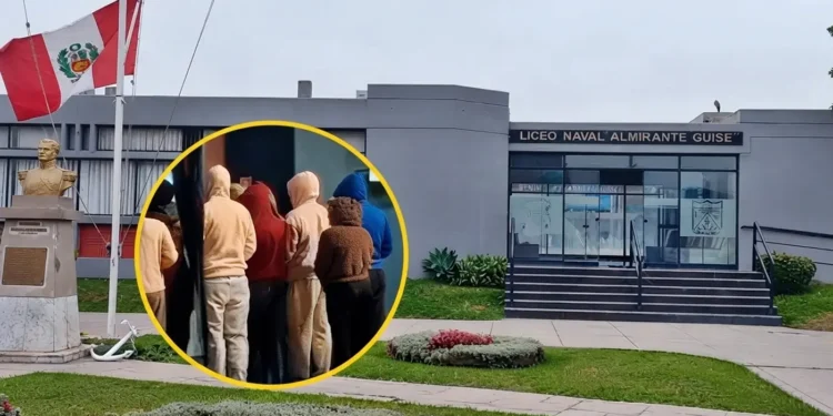 Fachada del Liceo Naval Almirante Guise en Chorrillos con bandera del Perú y busto conmemorativo. En el centro, primer plano en círculo amarillo de alumnos con buzo escolar aglomerados en la puerta principal.