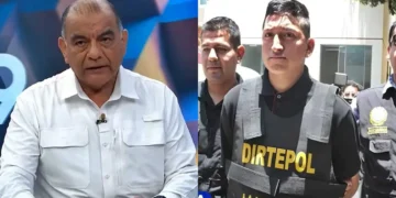 Composición con declaraciones oficiales y el detenido con chaleco de Dirtepol La Libertad tras operativo policial