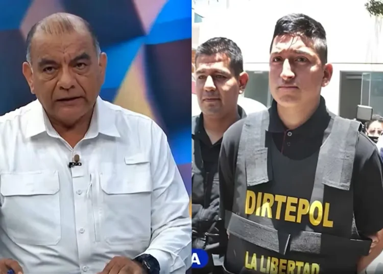 Composición con declaraciones oficiales y el detenido con chaleco de Dirtepol La Libertad tras operativo policial