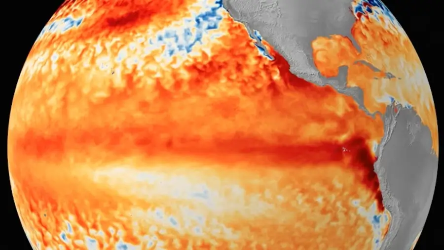 Mapa global de anomalías térmicas en el Océano Pacífico por el Fenómeno El Niño