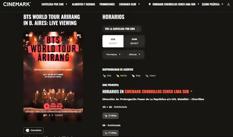 Plataforma de Cinemark Perú mostrando fechas y horarios para el concierto BTS World Tour Arirang en vivo.